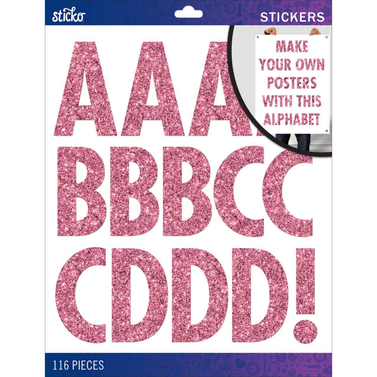 Sticko Alphabet Stickers - Futura Regular XL, Pink Glitter, 116pcs